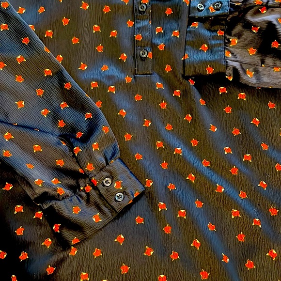 Dip Blue Hammered Satin Fox Print Long Sleeve Blouse Large - Picture 2 of 3